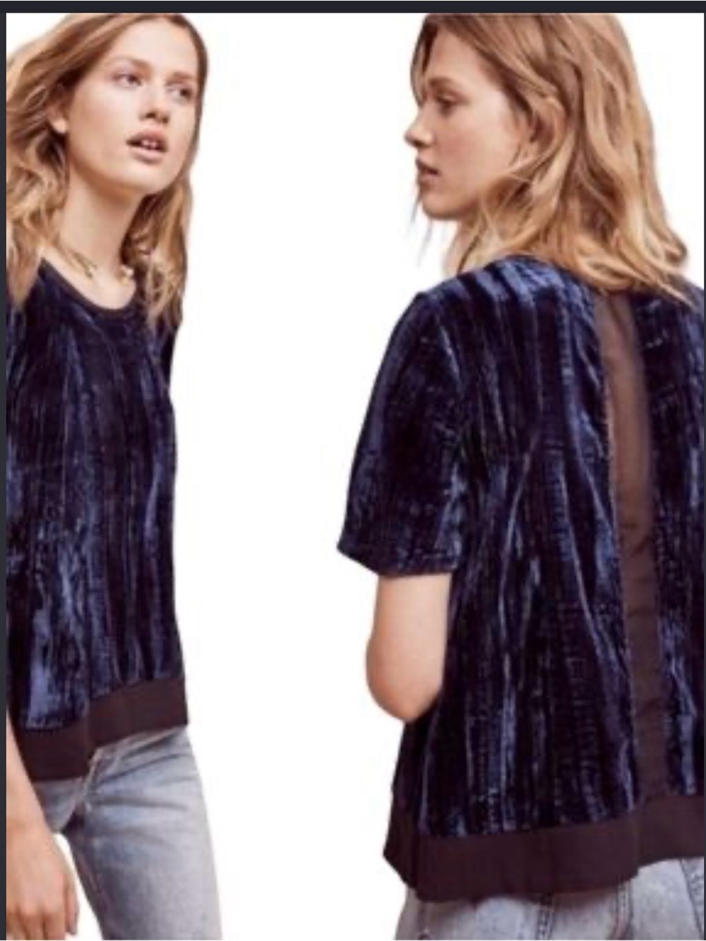 Maeve Crushed Velvet Short-Sleeve Swing Top in Deep Navy with Black Hem